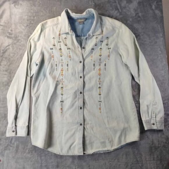 Natural Reflections Womens L Chambray Shirt Embroidered Button Up Cotton Western - Picture 1 of 10